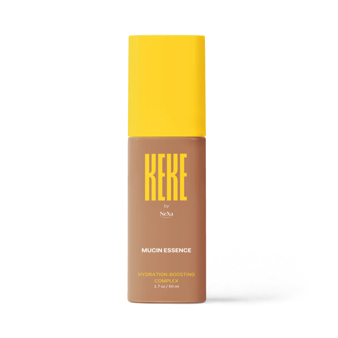 KEKE mucin essence bottle with yellow cap on a white background