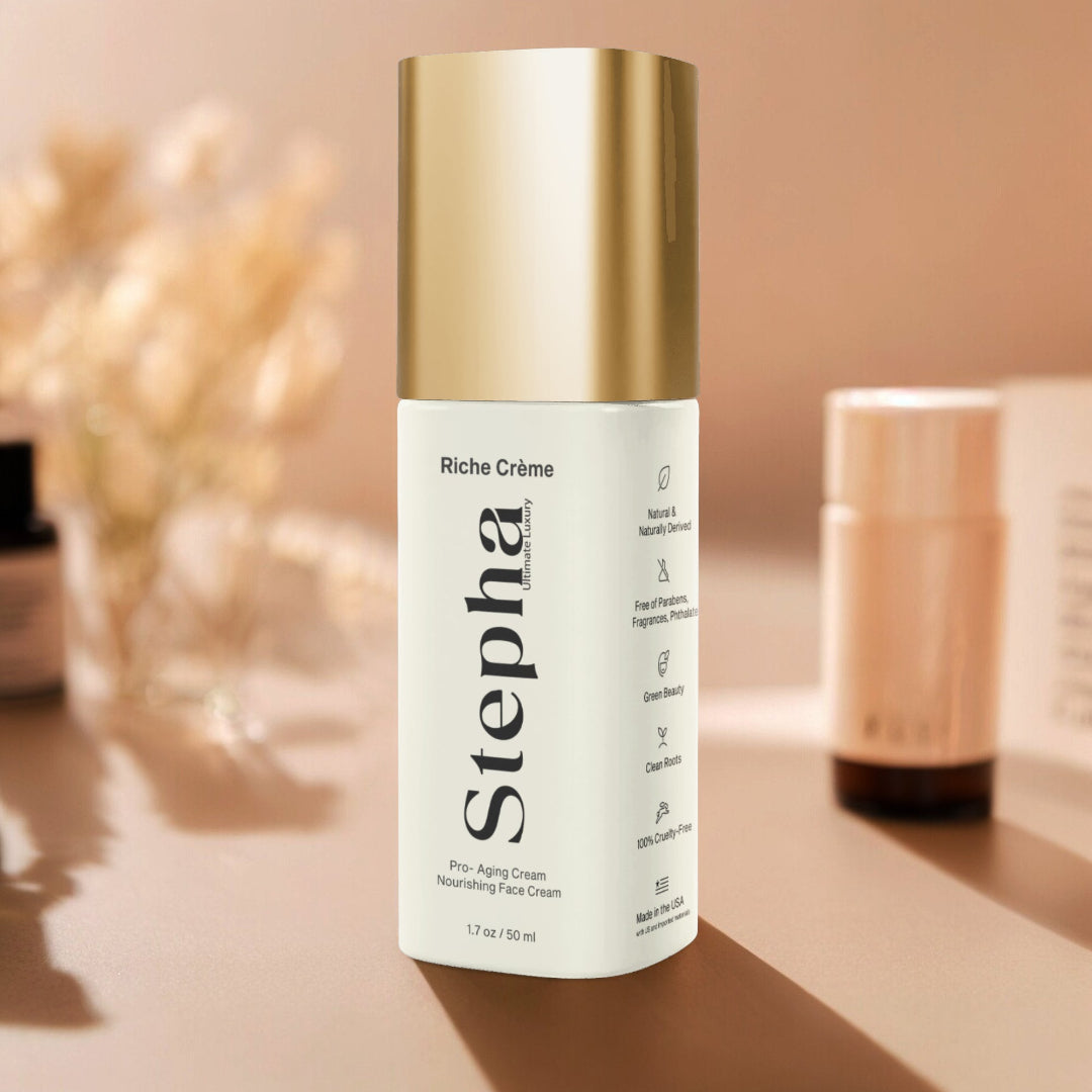 Stepha Riche Creme skincare bottle on a blurred background