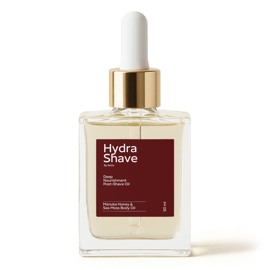 Hydra Shave post-shave oil bottle with gold cap on a white background